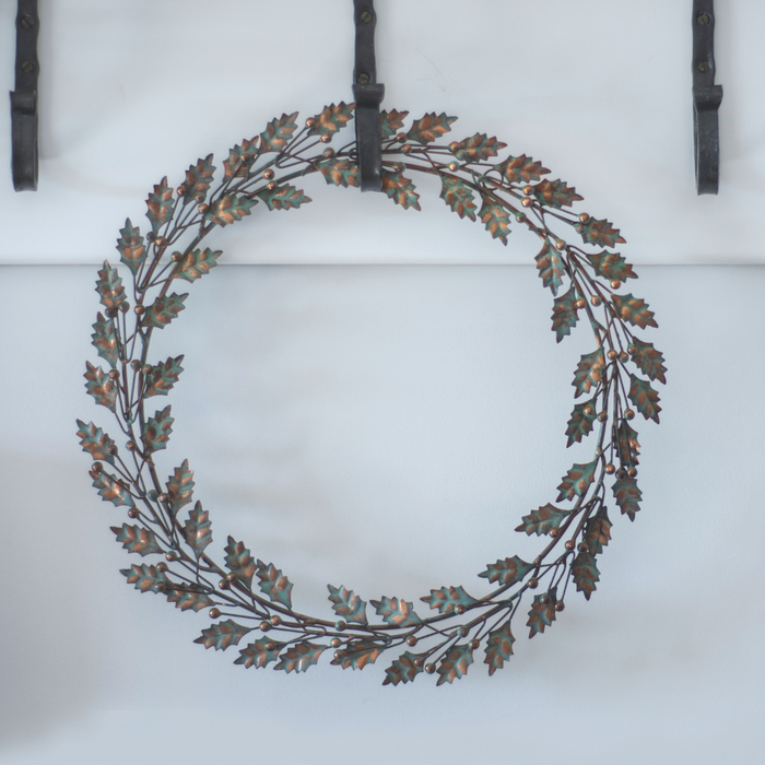 Aged Metal Holly Wreath - 49cm