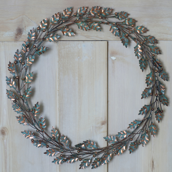 Aged Metal Holly Wreath - 49cm