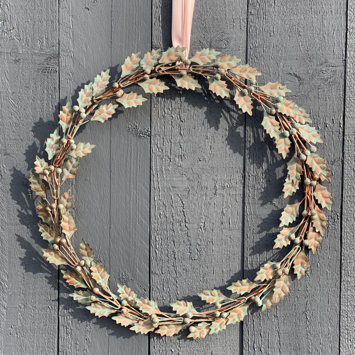 Aged Metal Holly Wreath - 49cm